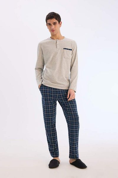 DeFacto Σετ πιτζάμες New Season Regular Fit Μακρυμάνικο μπλουζάκι με μακρύ καρό κάτω μέρος