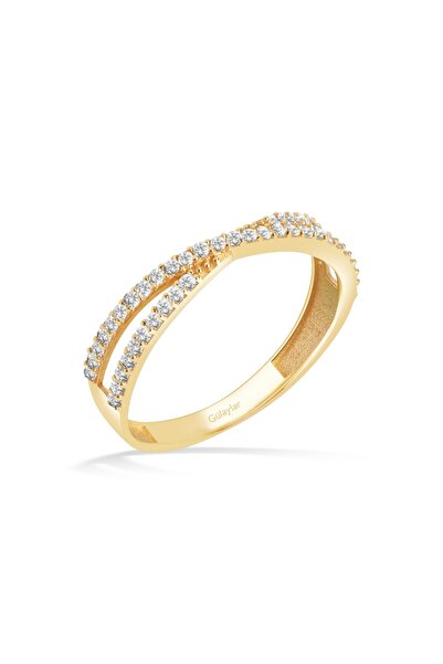 Diamond Line-Gülaylar Altın Çift Sıra Taş Detaylı Yüzük - Zarif ve Işıltılı T...