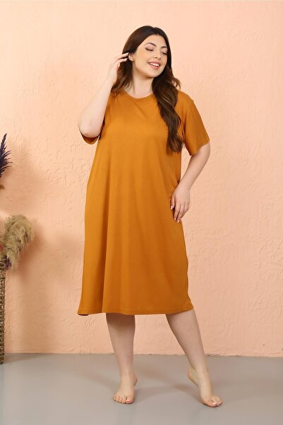 Akbeniz Plus Size Mustard Combed Cotton Nightgown - Short Sleeve 12502