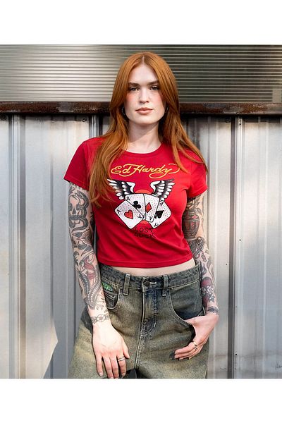 1blood Ed Hardy Rhinestone Aces Red T-Shirt Baby Tee