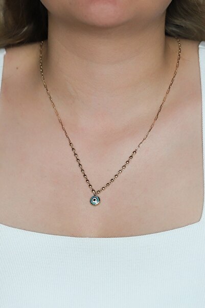 Diamond Line-Gülaylar 14 Ayar Sarı Altın Mavi Mineli Göz Figürlü Kolye