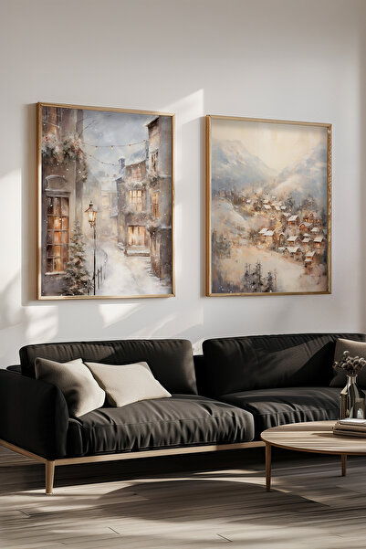 STARYUNA Yağlı boya efektli kış manzaralı vintage iskandinav ahşap çerçeveli ...