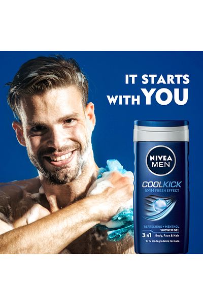 NIVEA MEN Cool Kick Shower Gel 3in1, 24h Fresh Effect, Masculine Scent, 250ml