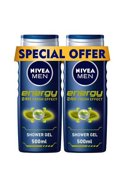 NIVEA MEN Energy 24h Fresh Shower Gel 3in1, Masculine Scent, 500ml, Pack of 2