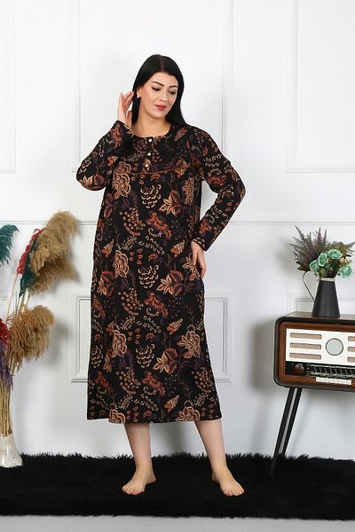 Akbeniz Women's Large Size Long Sleeve Black Mother's Nightgown 1367