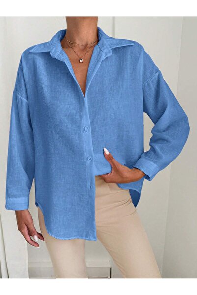 Basko fashion KETEN SAKS MAVİ GÖMLEK