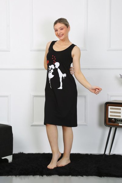 Mestore Fashion Line Women's Thick Strap Combed Cotton Long Black Nightgown 12001