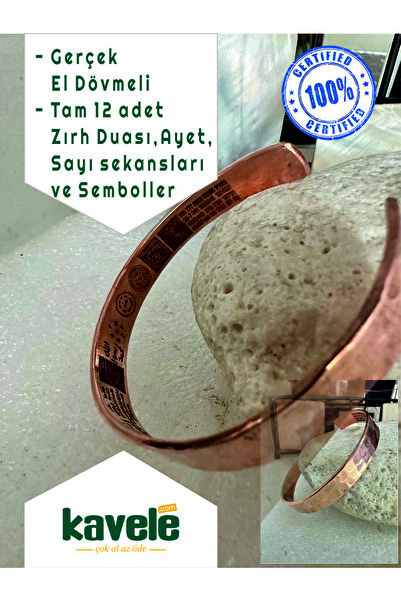 KAVELE Ham Saf Bakır Full Koruma Zırhlı El Dövmeli Bileklik 17 Cm 35-40gr
