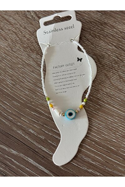 misstakıjewerly White Beaded Anklet with Evil Eye Apparatus