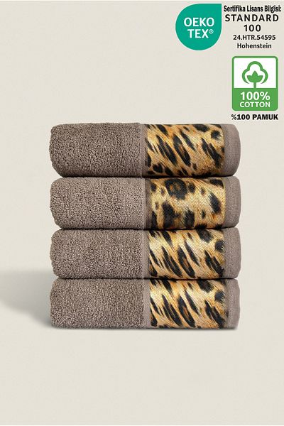Ellaline Σετ πετσετών Leopard 4 τεμαχίων 100% βαμβάκι με πιστοποίηση, πετσέτα χεριών / προσώπου / κουζίνας 50x90cm καφέ