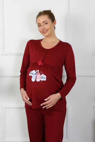 Mestore طقم بيجامة للحوامل بأكمام طويلة من Fashion Line للسيدات باللون العناب...