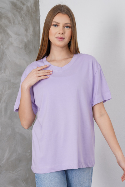 Paw Garage Tricou de damă violet din bumbac pieptănat, cu decolteu în V, croi...