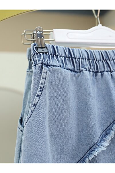 Modamorfo Fusta de blugi cu talie elastică cu ciucuri - Ice Blue