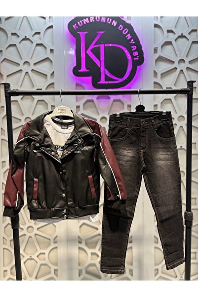 KUMRUNUN DÜNYASI Erkek Çocuk Deri Ceket Tişört Pantolon Alt Üst Takım Bayraml...