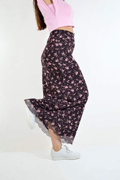 BUSEM Fusta lungă cu modele florale - burgundă-roz