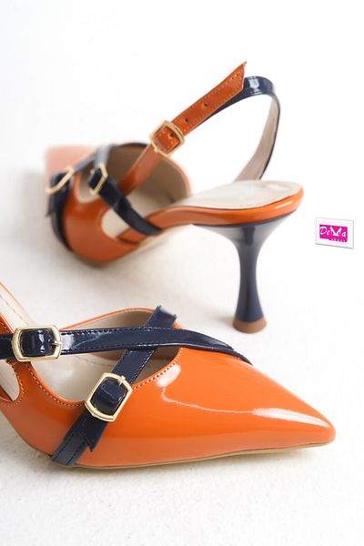 Demashoes Πορτοκαλί Navy Blue λουστρίνι με μυτερή μύτη με ανοιχτή πόρπη με τακούνι 7 cm.