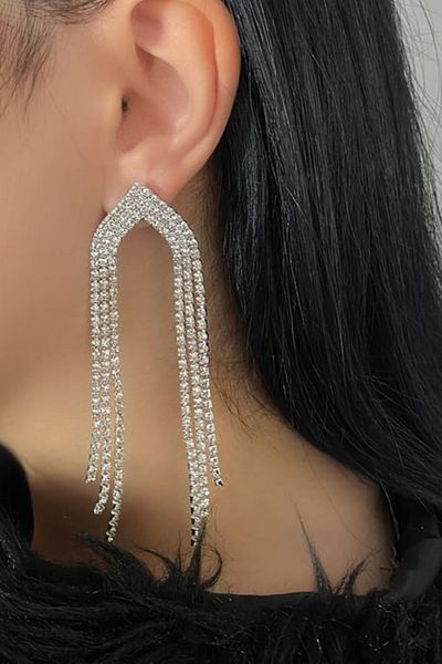 mos&more White Stone Sparkling Women's Evening Dress Earrings, Tassel Earrings, Waterway