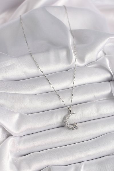 Skygo 316L Steel Silver Color Chain Zircon Stone Crescent Model Star Detail Women's Necklace - Tj-Bko9655
