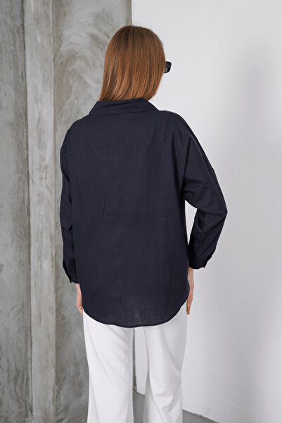 Paw Garage Women's London Linen Single Pocket Oversize Shirt, Premium Quality Linen Shirt