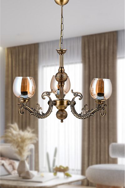 DEDE THREE ARMS SAVA ZAMAK CHANDELIER WITH HONEY COLOR GLASS