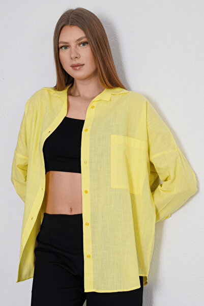 Paw Garage Women's London Linen Single Pocket Oversize Shirt, Premium Quality Linen Shirt