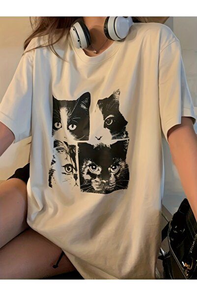 AZIZI TEKSTIL Γυναικείο μπλουζάκι με στάμπα με πρόσωπο γάτας - μαλακό πλέγμα,...