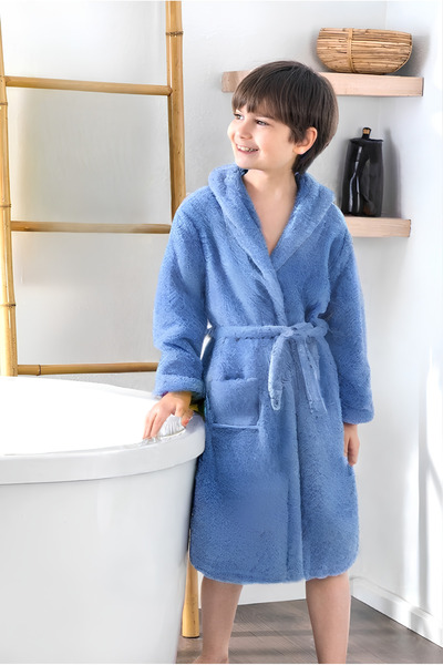 lalinehome Kapüşonlu Pamuklu Mavi Çocuk Bornozu