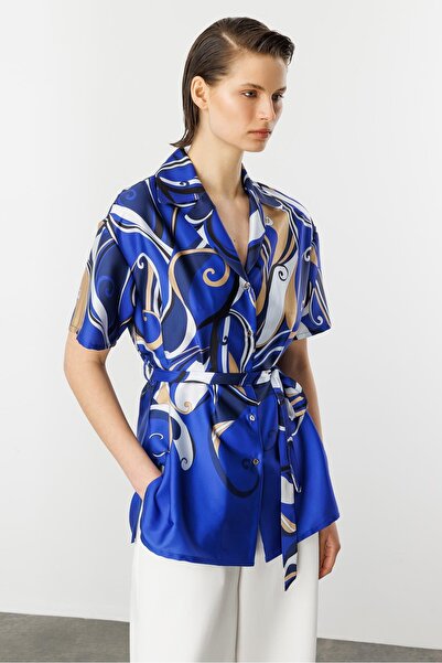 accort Kuşaklı Saten Gömlek-SAX