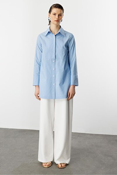 accort Çizgi Desen Pamuklu Uzun Gömlek-MAVİ