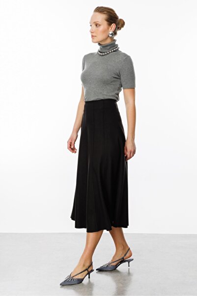 accort Yüksek Bel Uzun Kloş Etek-SİYAH