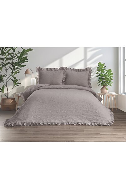 white rabbit home Lady-Bej Çift Kişilik Fırfırlı %100 Pamuk Yatak Örtüsü Takımı