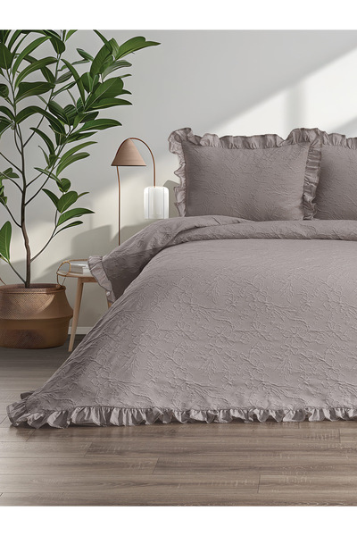 white rabbit home Lady-Bej Çift Kişilik Fırfırlı %100 Pamuk Yatak Örtüsü Takımı