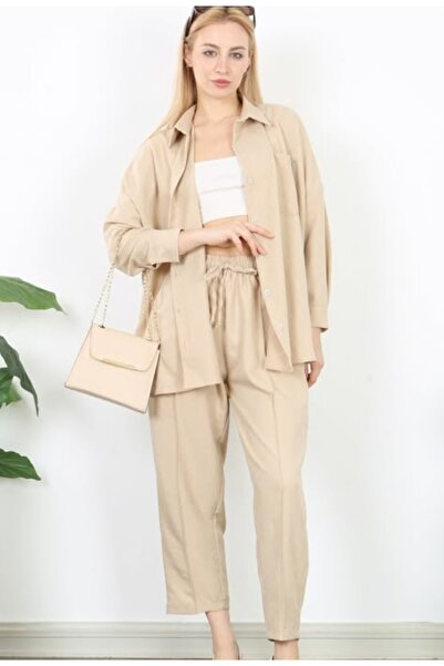 Te&Te Γυναικείο μπεζ λινό σετ δύο τεμαχίων
