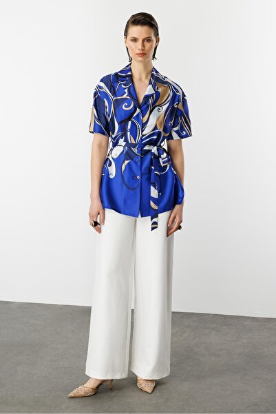 accort Kuşaklı Saten Gömlek-SAX