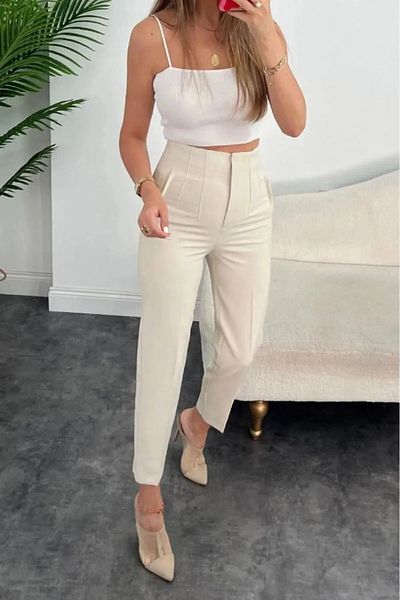 EN MODA STORE Carrot Leg Classic Stylish Women's Beige Trousers