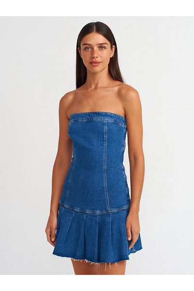 FASHION COCKTAIL Skirt Pleated Wavy Volume Saran Side Zipper Straples Sleeveless Denim Jeans Dress