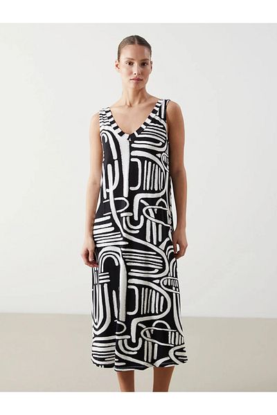 LC Waikiki Lcwaikiki Classic Black V Neck Print Women Dress