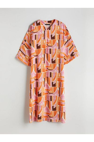 LC Waikiki Lcw Modest Orange V-Neck Patterned Oversize Dress