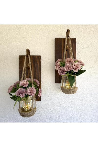 STDEKOR Wall Decoration, Led Light, Coffee Carnation Flower, Walnut Sconce Set of Two