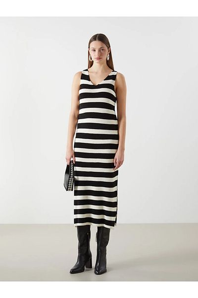 LC Waikiki Lcwaikiki Classic Ecru V-Neck Striped Women's Knitwear Dress