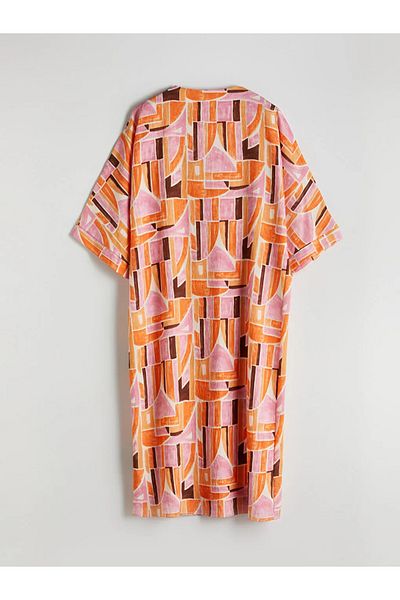 LC Waikiki Lcw Modest Orange V-Neck Patterned Oversize Dress