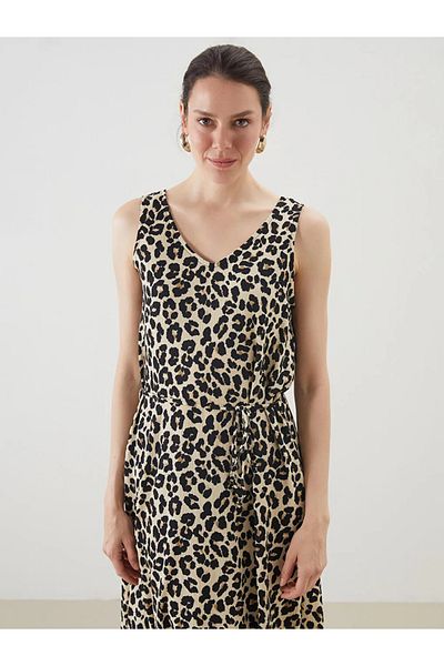 LC Waikiki Lcwaikiki Classic Brown V-Neck Leopard Print Dress