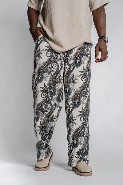 Morfine Men's Wide Leg Elastic Patterned Cream Baggy Trousers