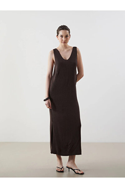 LC Waikiki Lcwaikiki Classic Brown V-Neck Women's Knitwear Dress