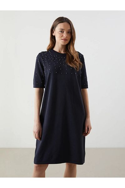 LC Waikiki Lcwaikiki Classic Navy Blue Crew Neck Beaded Embroidered Knitwear Dress