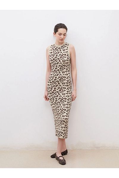 LC Waikiki Soulife Brown Crew Neck Patterned Knitwear Dress