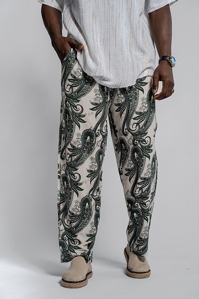 Morfine Men's Wide Leg Elastic Patterned Khaki Baggy Trousers