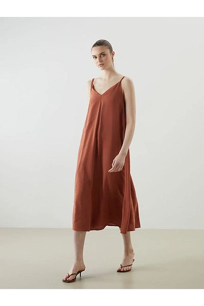 LC Waikiki Φόρεμα LCW Vision Πορτοκαλί V-λαιμόκοψη Modal Blend