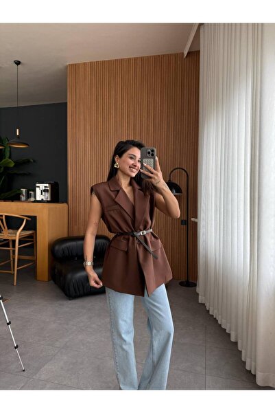 asyadabutik Дамски висококачествен оверсайз блейзър с колан