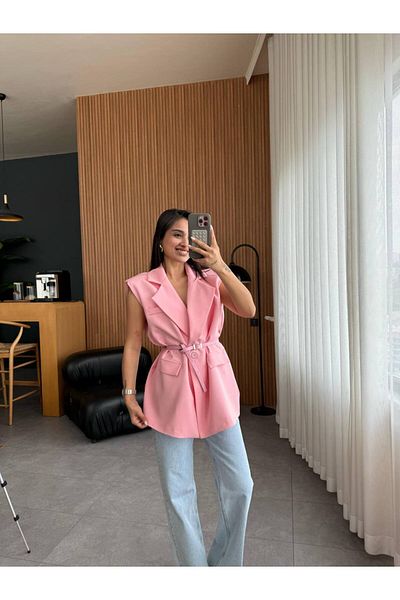asyadabutik Women's Premium Quality Belted Oversize Blazer Vest